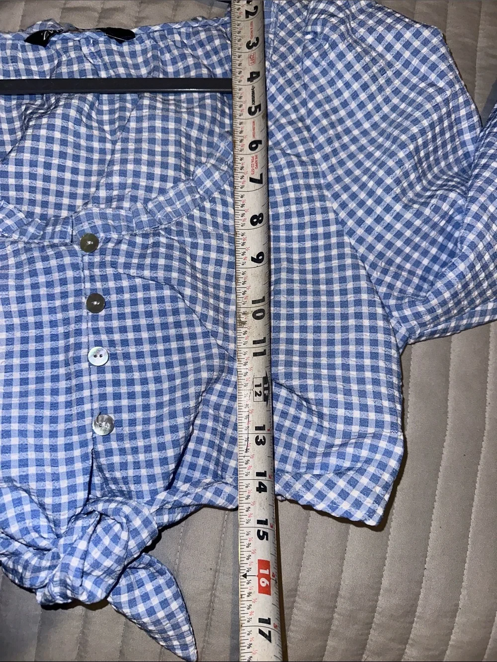 Zara Light Blue Gingham Tie-Front Peasant Blouse